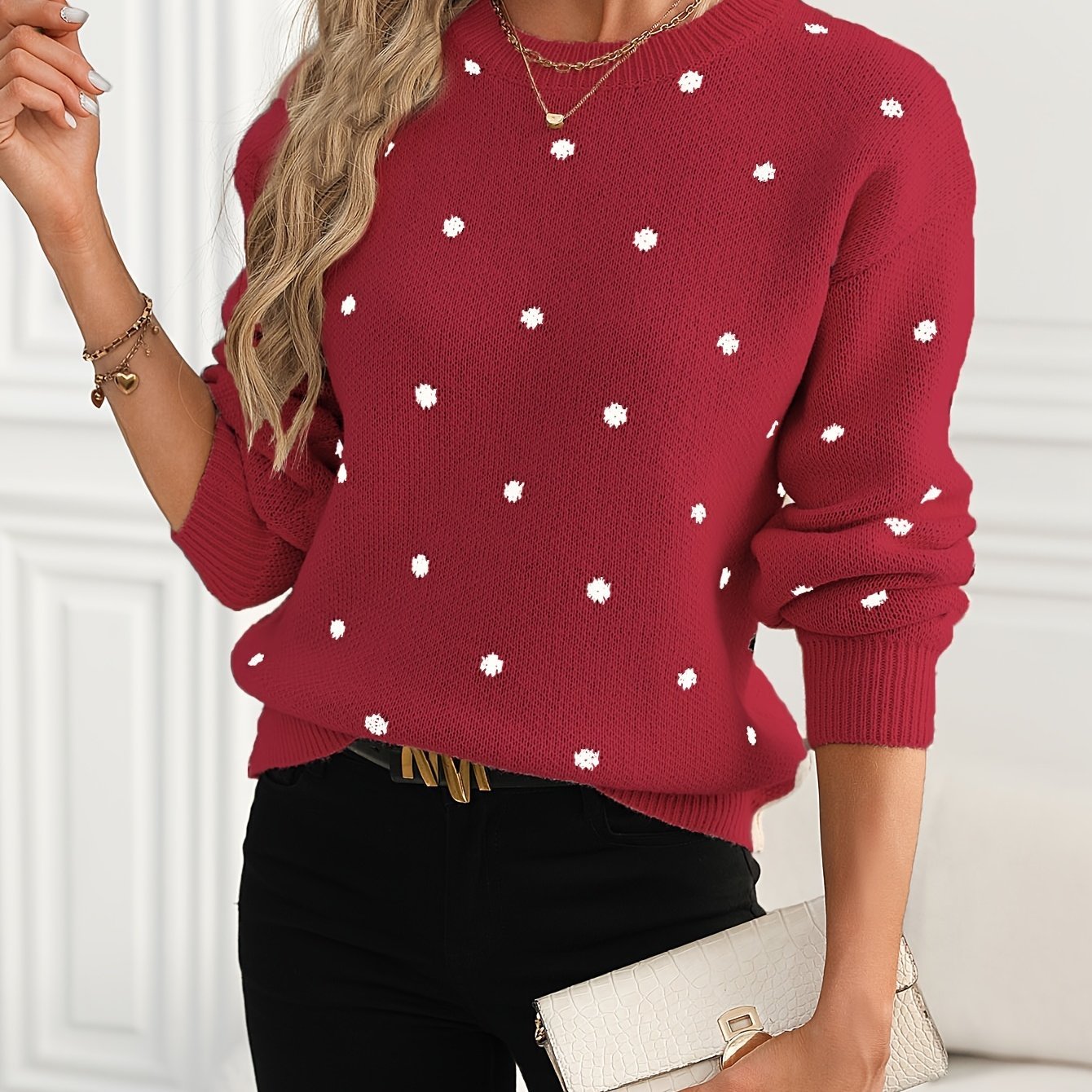 Polka Dot Pattern Knit Sweater, Casual Long Sleeve Crew Neck Sweater, Women's Clothing - veyora