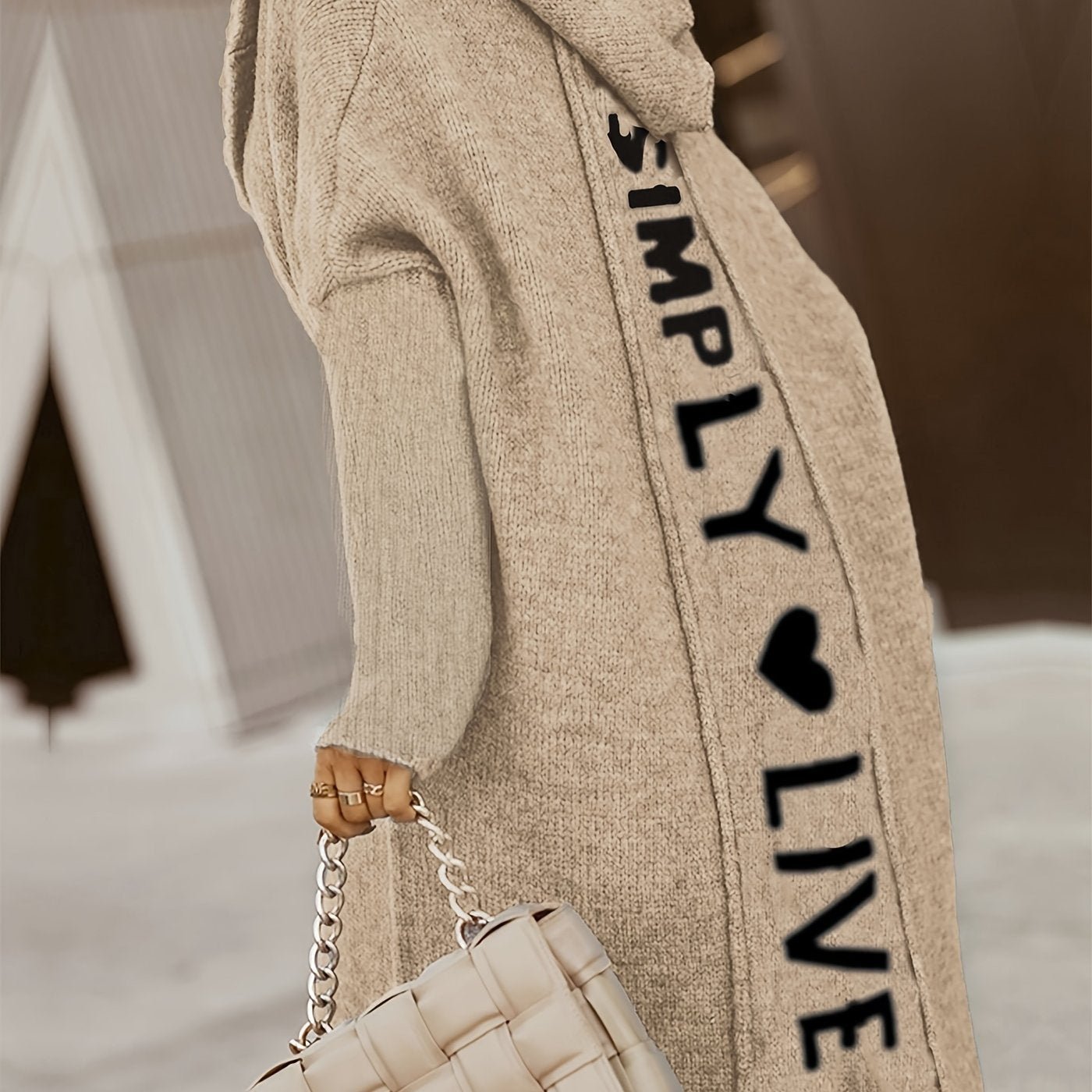100% Polyester Long Sleeve V - Neck Hooded Knit Cardigan - Women's Casual Sweater with Pocket - Alphabet Pattern Fall/Winter Clothing - veyora