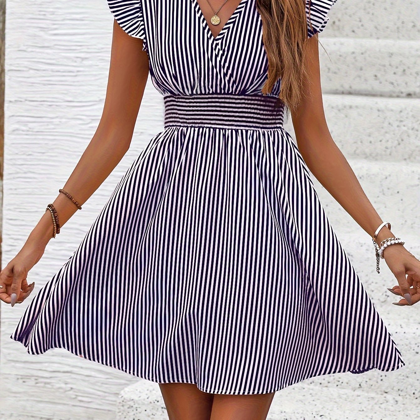 Summer Striped Surplice Neck Dress, Shirred Waist Casual Flutter Sleeve For Women - veyora