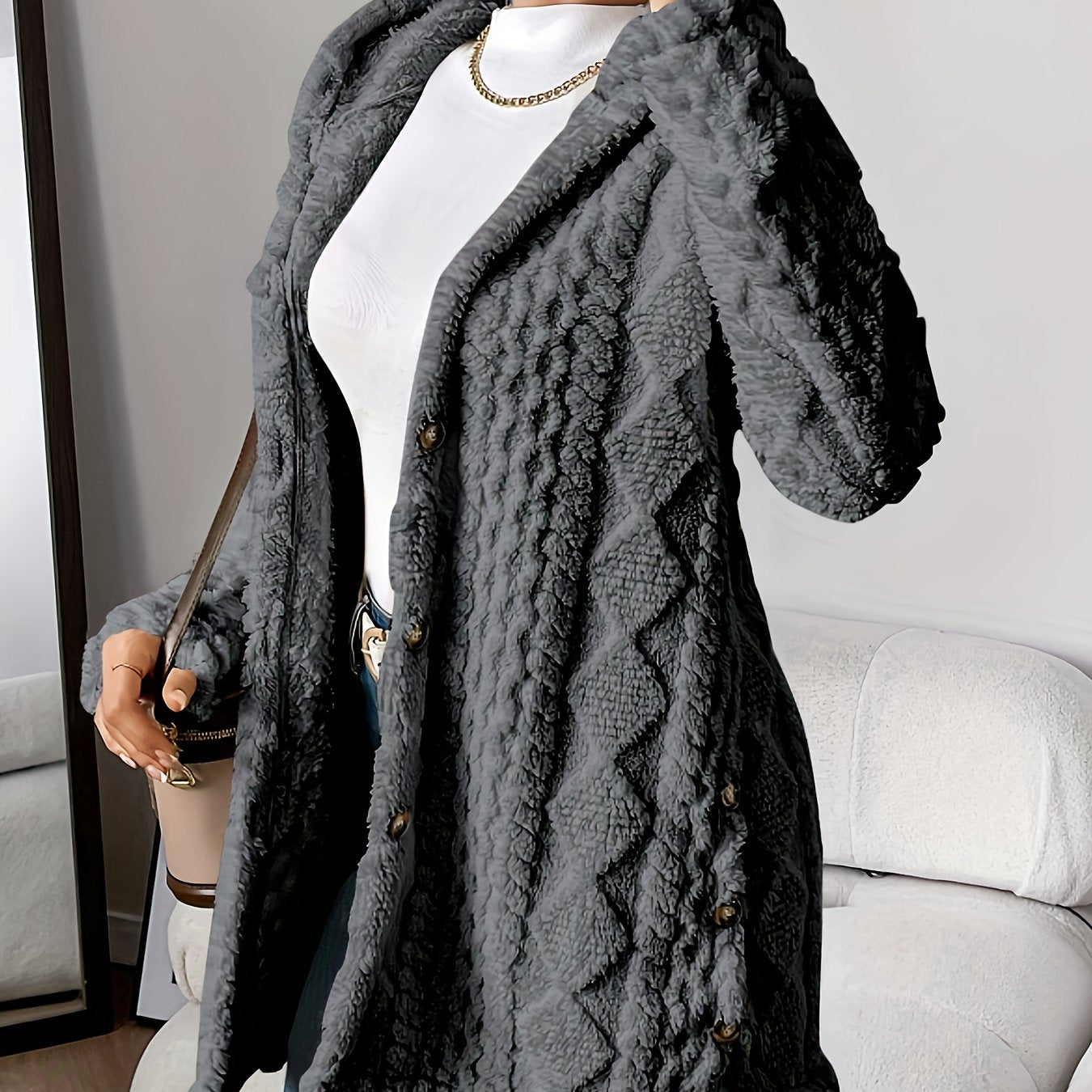 Elegant Beige Quilted Faux Fur Hooded Cardigan - Cozy Long Sleeve, Button Front Outerwear with Diamond Pattern, Perfect for Fall/Winter, Machine Washable - veyora