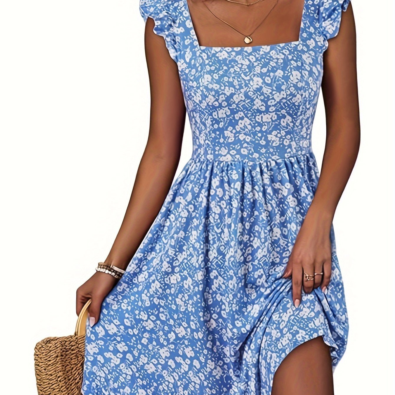 For Spring & Summer, Elegant Square Neck Dress with Ruffle Sleeves, Cinched Waist, Patched Pockets, Floral Print, Women's Clothing - veyora