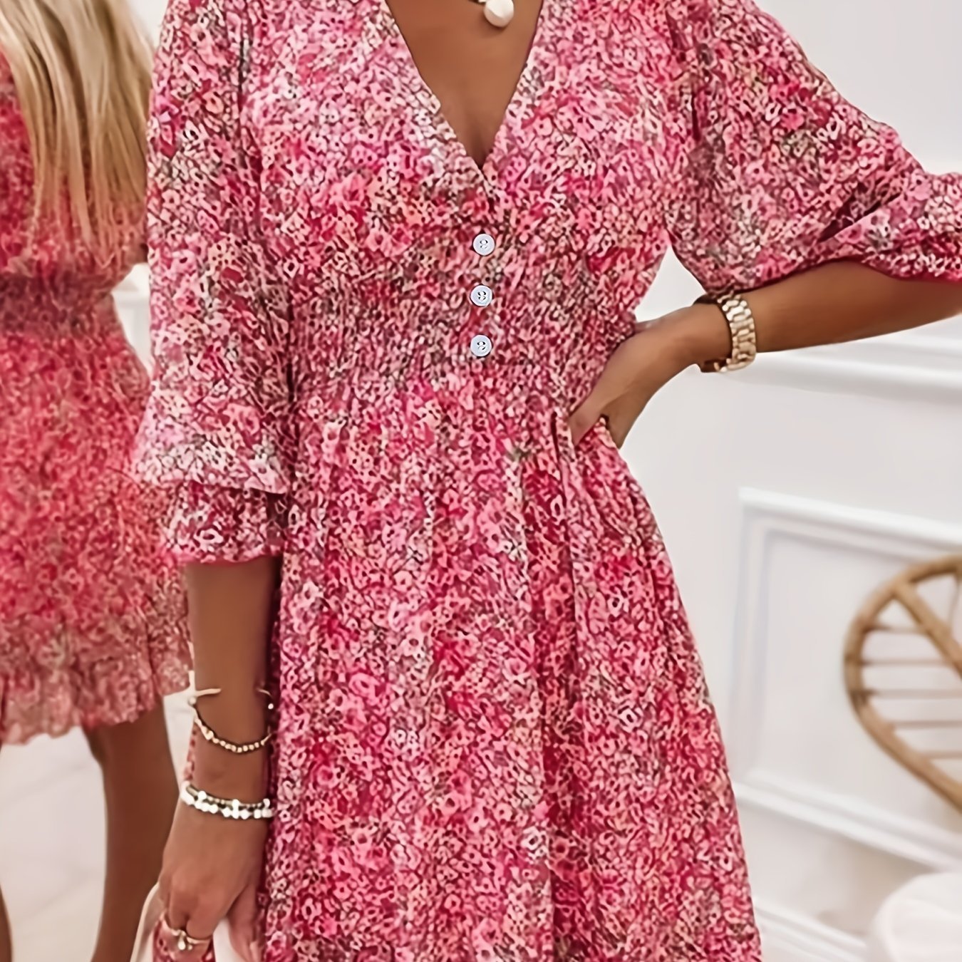 Polyester and Spandex V - Neck Floral Print Short Sleeve Bubble Sleeve A - Line Dress, with Button Details, for Adult, Summer Vacation - veyora