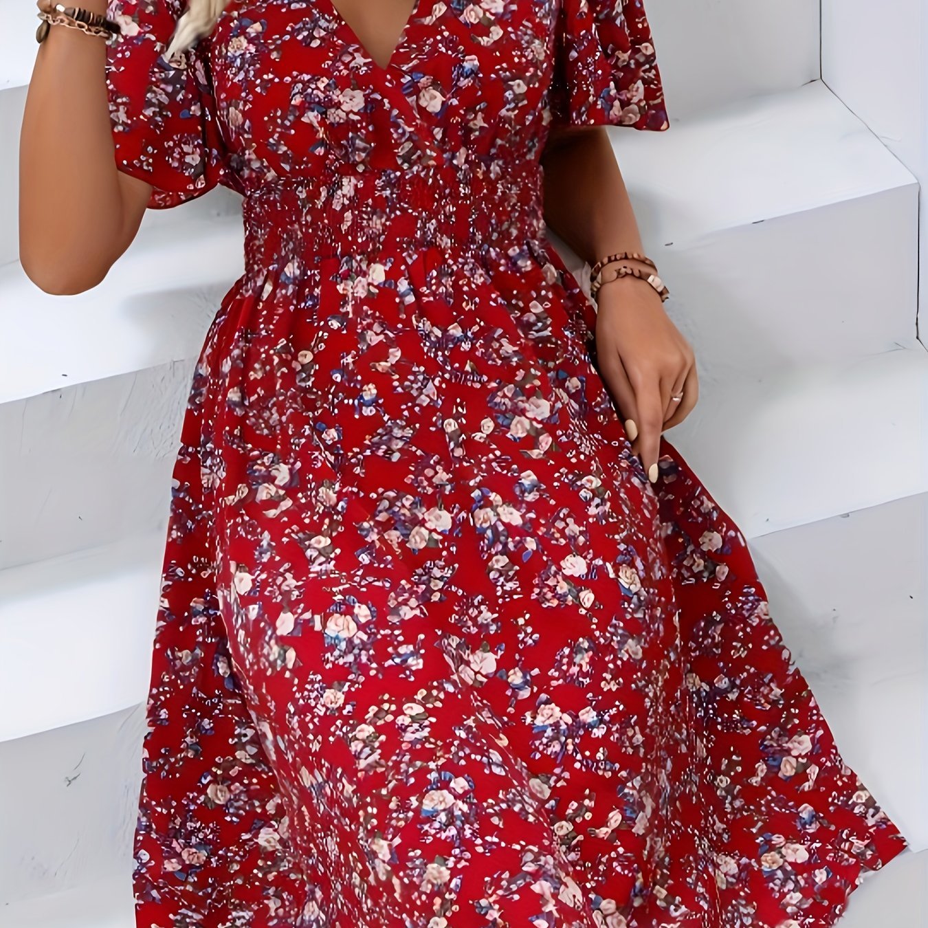 Boho V Neck Slim Waist Floral Print Dress - Flutter Sleeve Women's Clothing - veyora