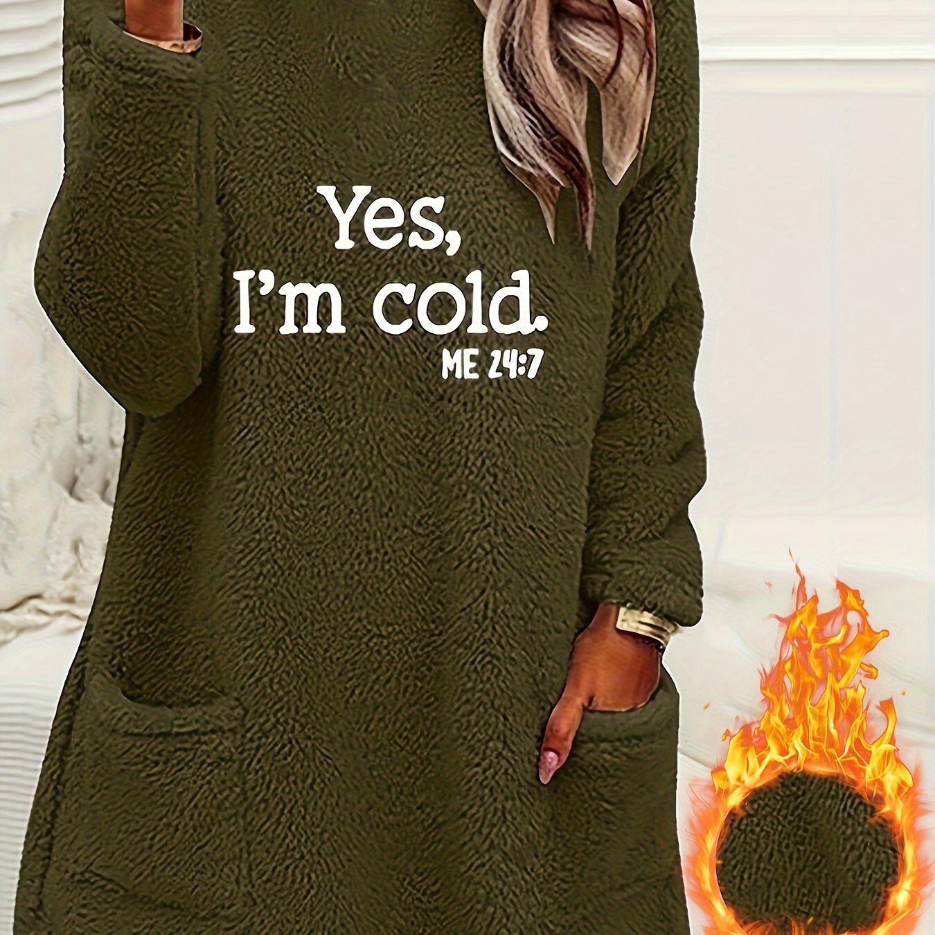 Women's Casual "Yes I'm Cold" Letter Print Dual - Sided Fleece Pullover Sweatshirt - Cozy Round Neck Long Sleeve with Pockets, Machine Washable Winter Warmth for Fall & Winter, Cold Weather Clothing | Casual Pullover | Comfortable Wear, Ladies Sweaters - veyora