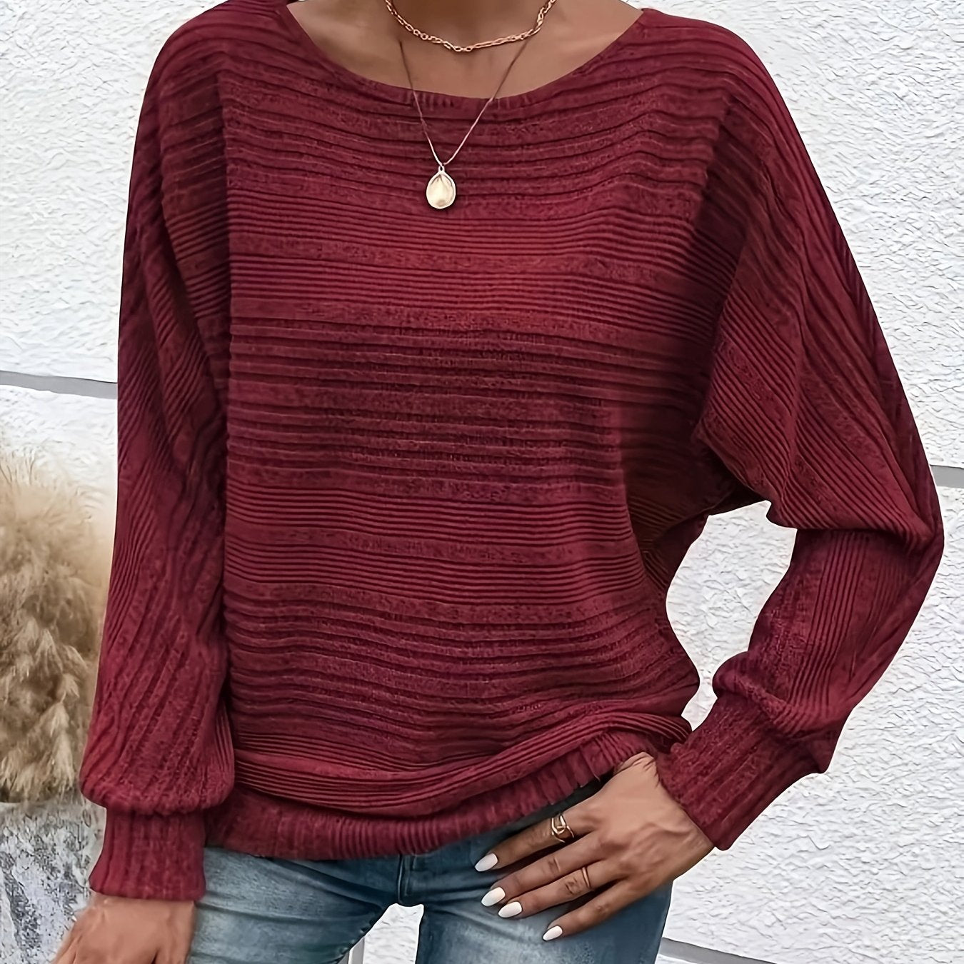 Solid Crew Neck Pullover Sweater, Casual Batwing Sleeve Loose Sweater, Women's Clothing - veyora