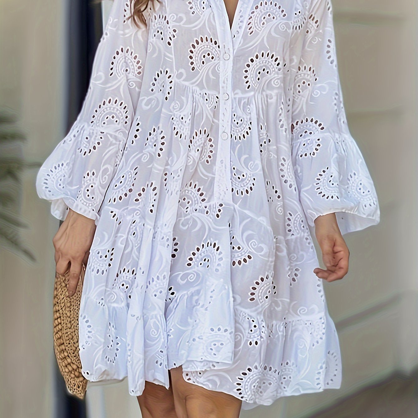 Chic Solid Color V Neck Ruffle Hem Dress - Feminine Button Front, Long Sleeve Design - Perfect for Spring & Fall Vacations - Womens Wardrobe Staple - veyora