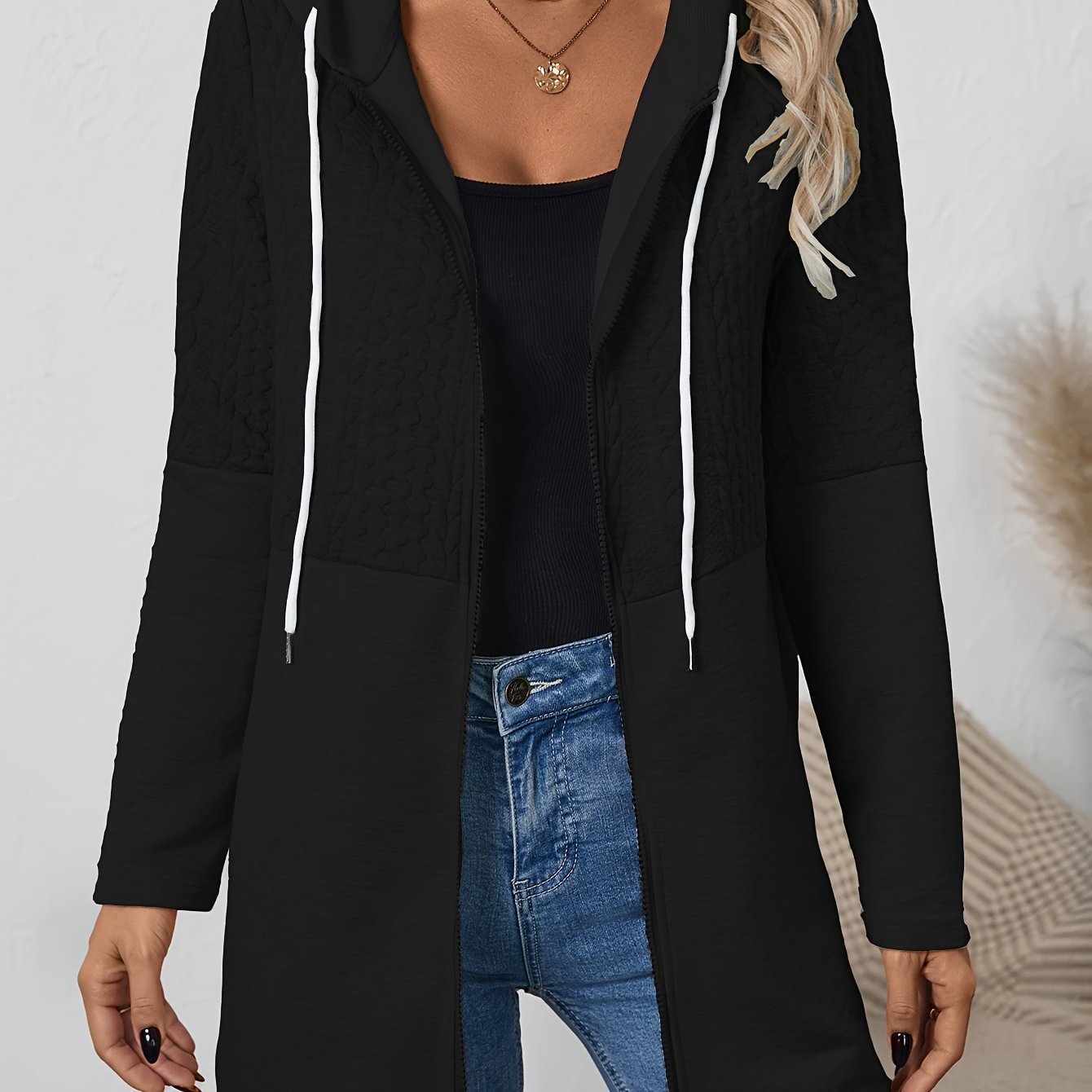 Women's Geometric Pattern Hooded Jacket - Casual Sleeve Winter Coat with Contrast White Accents, Machine Washable Fall & Winter Outerwear, Winter Jacket - veyora