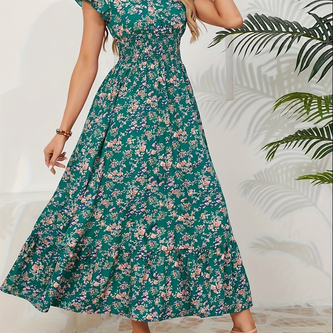 Vacation - Themed Floral Waist - Tied Dress - veyora