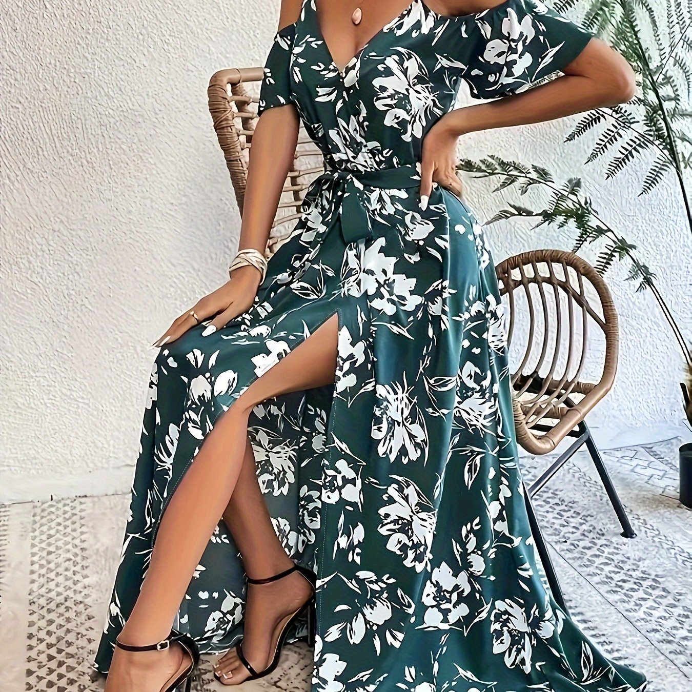 Vibrant Floral Print A - Line Dress - Cold Shoulder, Belted, Split Sleeveless, Elegant, Comfortable, Spring & Summer Essential - Women's Clothing, Perfect for Outdoor Activities - veyora