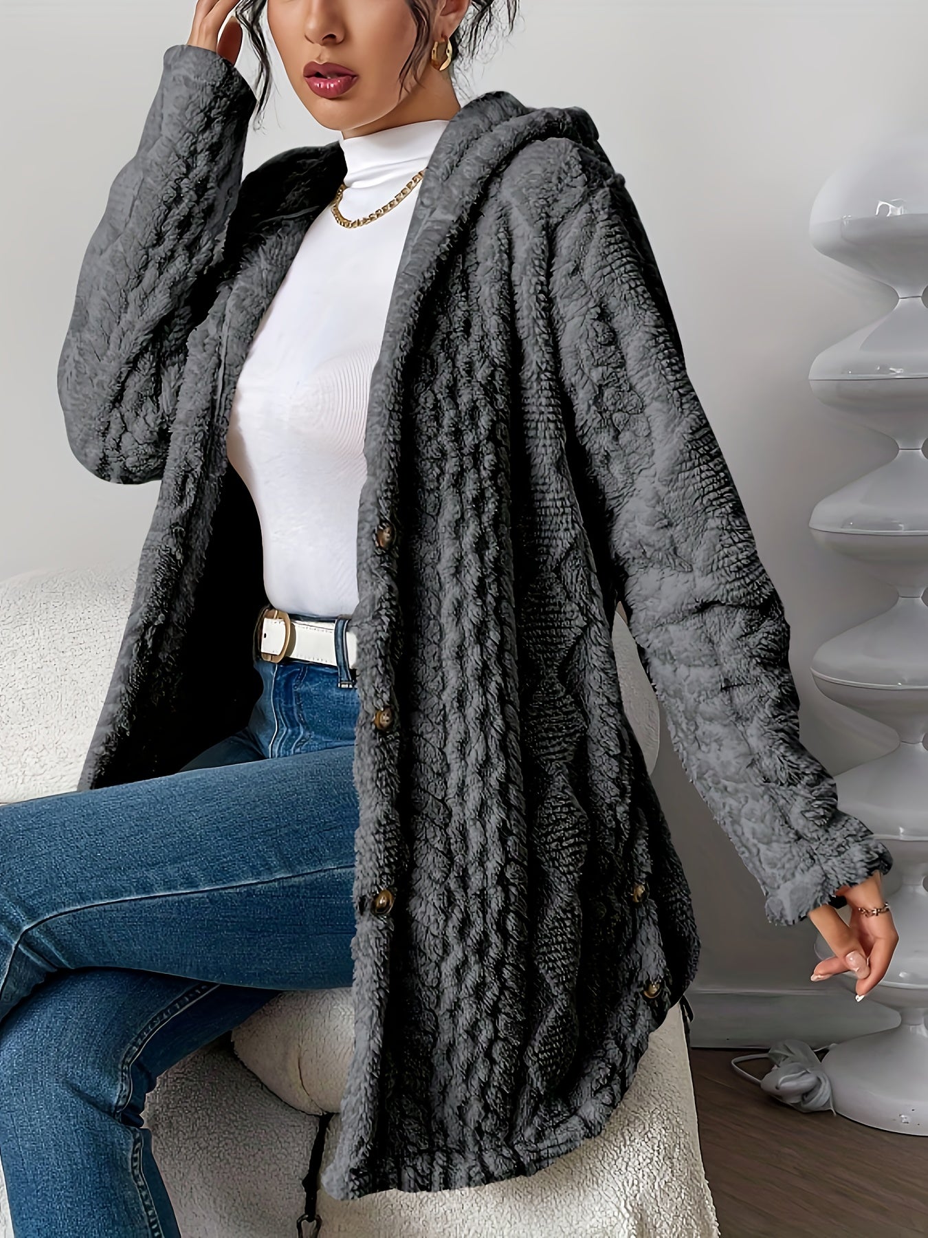 Elegant Beige Quilted Faux Fur Hooded Cardigan - Cozy Long Sleeve, Button Front Outerwear with Diamond Pattern, Perfect for Fall/Winter, Machine Washable - veyora