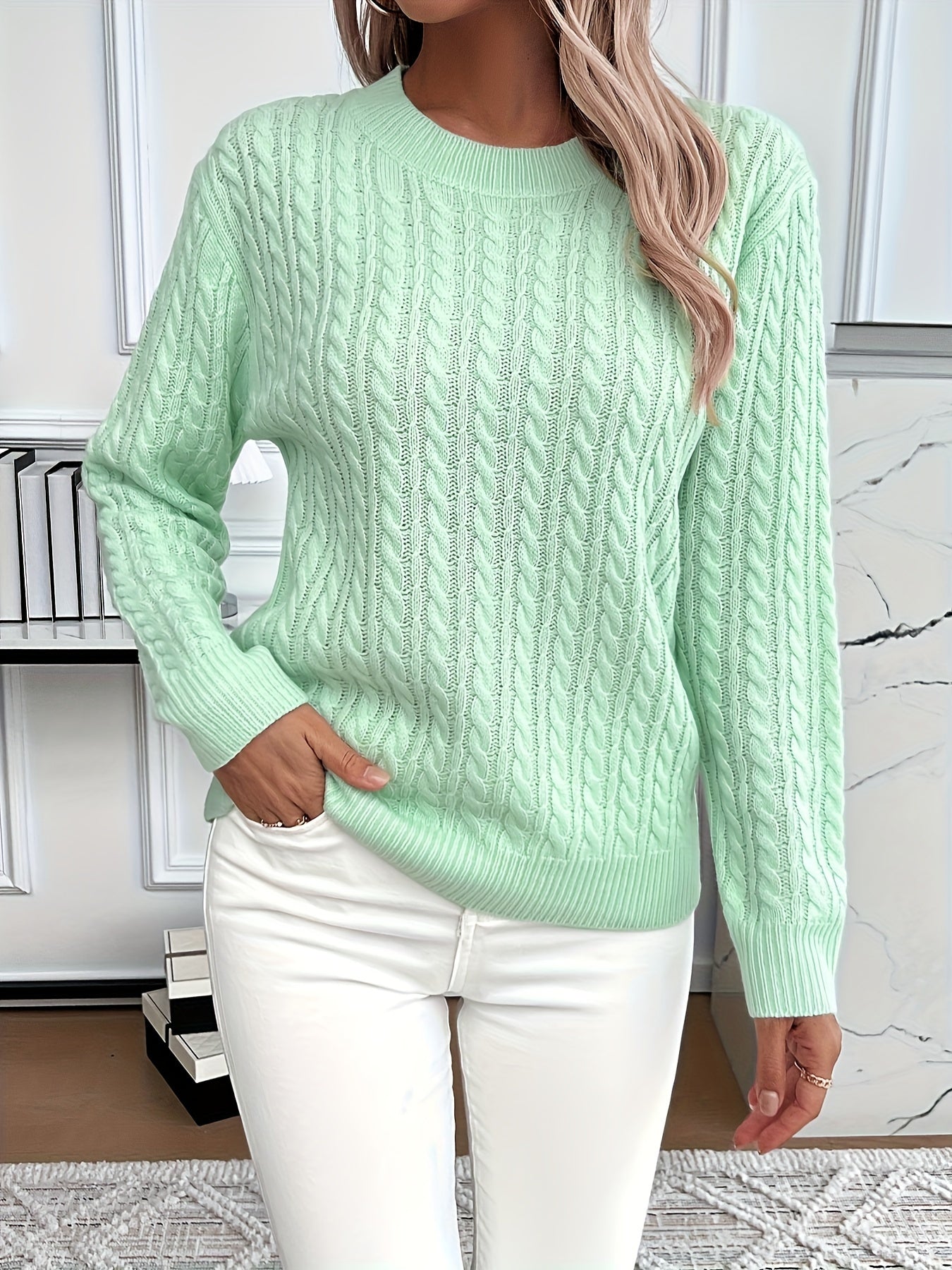 Cable Knit Crew Neck Sweater, Casual Solid Color Long Sleeve Sweater For Fall & Winter, Women's Clothing - veyora