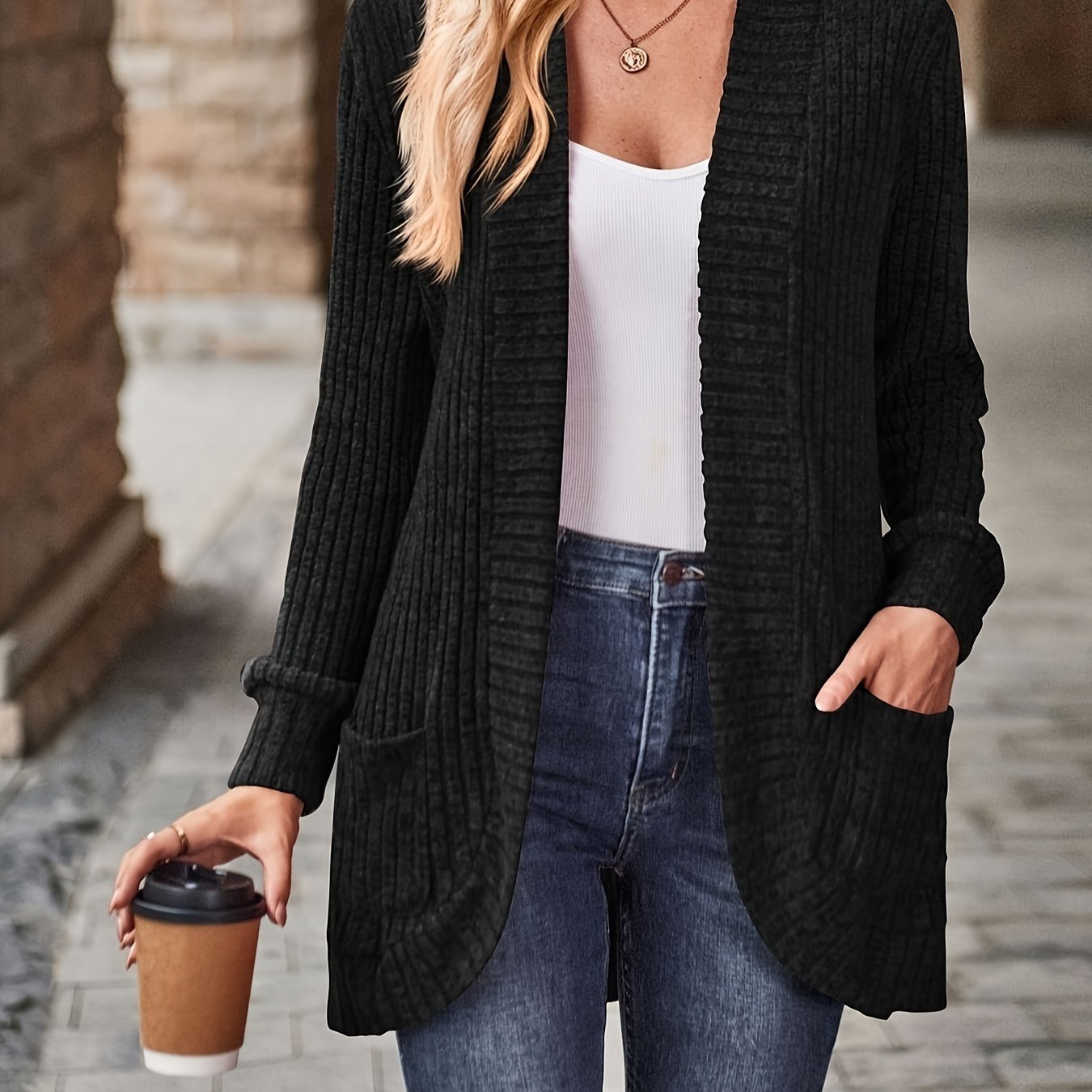 Cozy Rib Knit Cardigan for Women - Soft & Stylish Solid Open Front Sweater with Pockets - Casual Long Sleeve Fashion Clothing - veyora