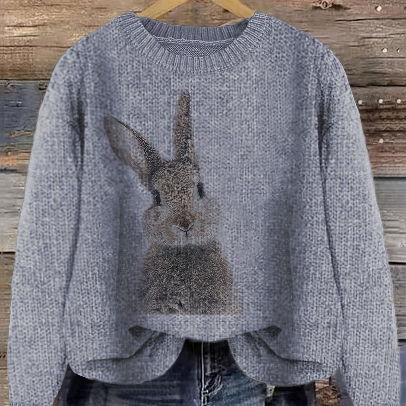 Women's Casual Rabbit Print Color - Block Round Neck Pullover Sweater - Light Blue & White Contrast, Medium Stretch Cozy Fall Winter Knit Top, Relaxed Fit Clothing | Soft Texture Apparel - veyora