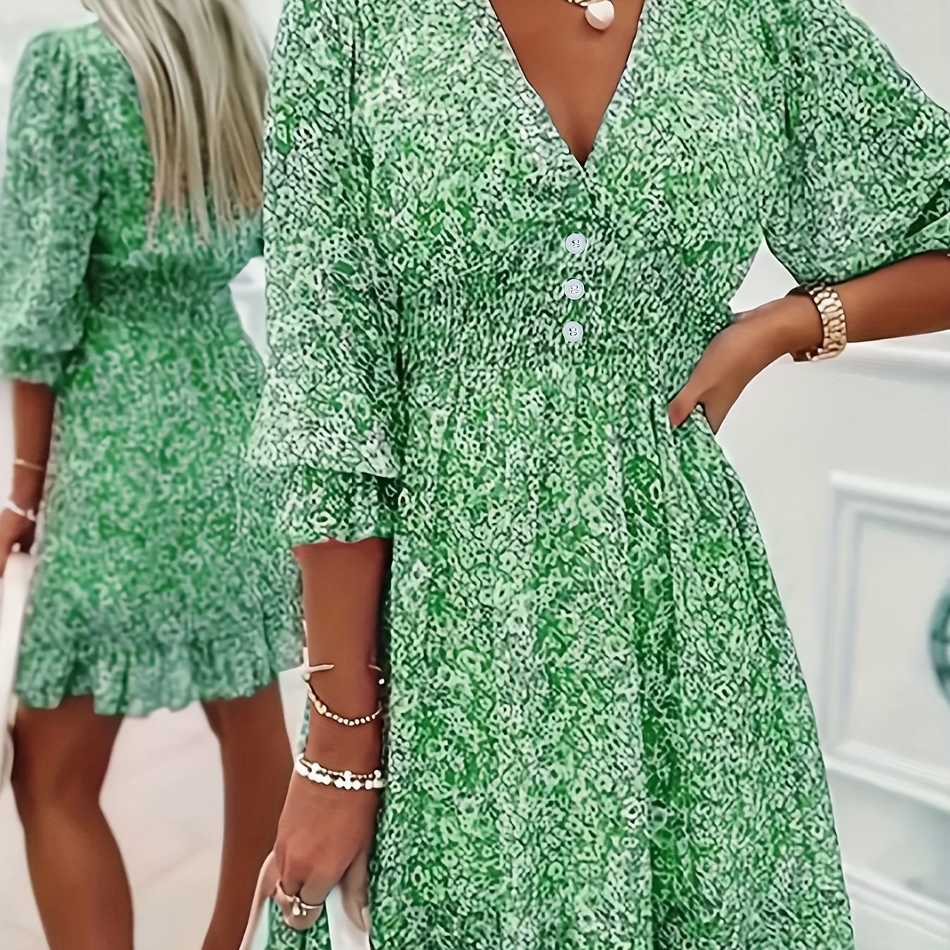 Polyester and Spandex V - Neck Floral Print Short Sleeve Bubble Sleeve A - Line Dress, with Button Details, for Adult, Summer Vacation - veyora