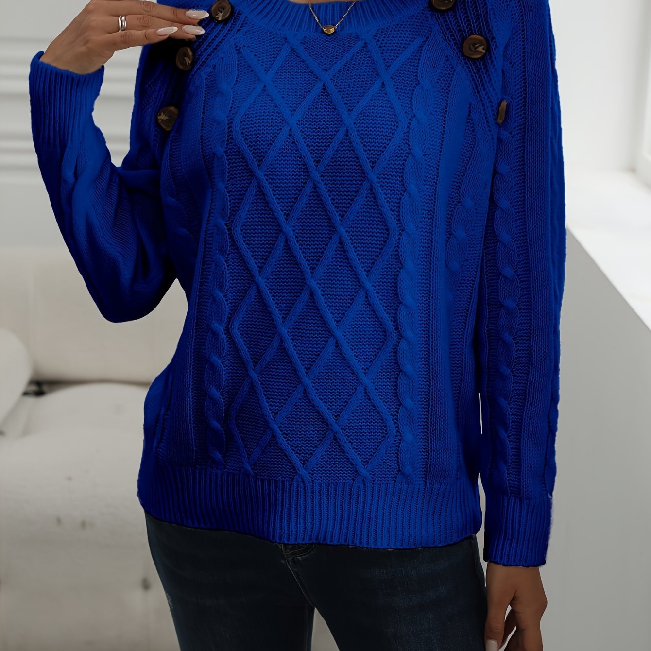 Solid Cable Knit Sweater, Casual Crew Neck Long Sleeve Sweater, Women's Clothing - veyora