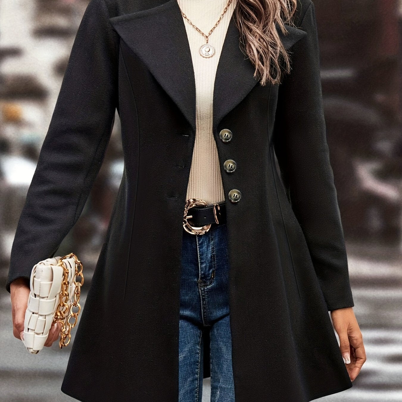 Solid Single Button Lapel Overcoat, Versatile Long Sleeve Winter Outwear, Women's Clothing - veyora