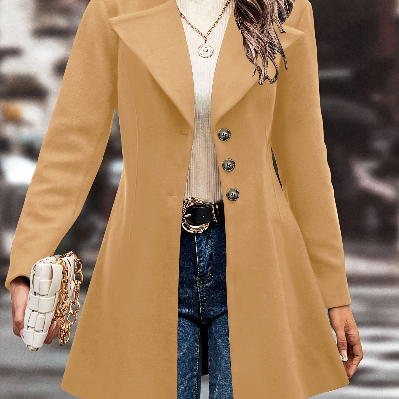 Solid Single Button Lapel Overcoat, Versatile Long Sleeve Winter Outwear, Women's Clothing - veyora