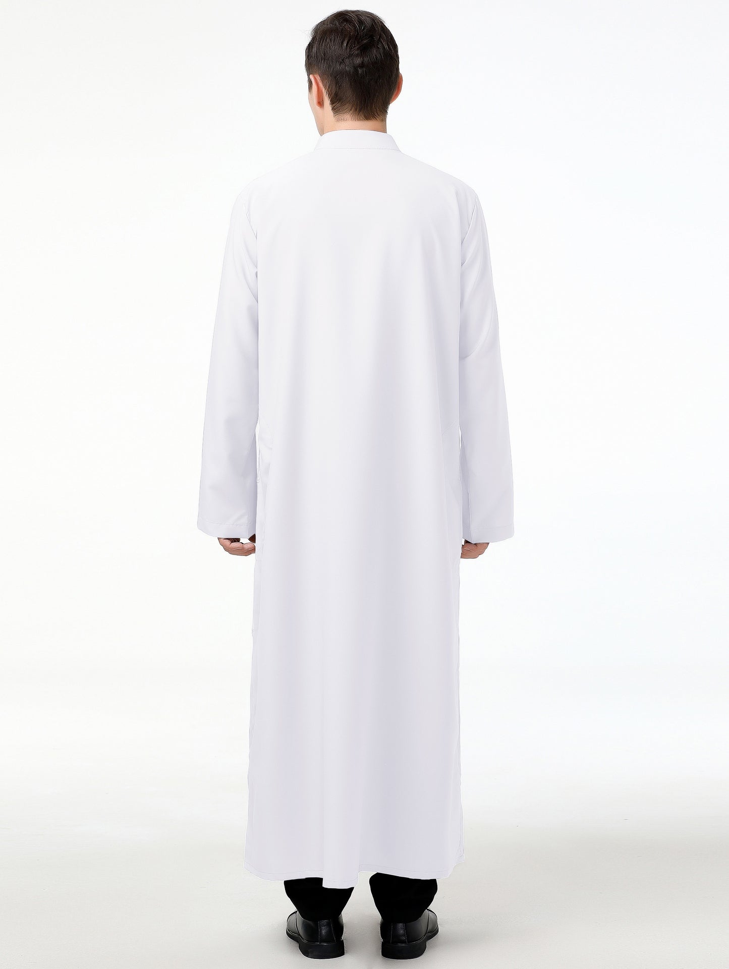 Men's Elegant Long Sleeve Arabic Kandora - White Polyester Robe with Button Details, Traditional Islamic Jubba for Ramadan, Eid Al-Adha, and Prayer, Vintage Style for Middle Eastern Celebrations, Eid Celebration Wear | Vintage Kandora Design | Glossy Pol