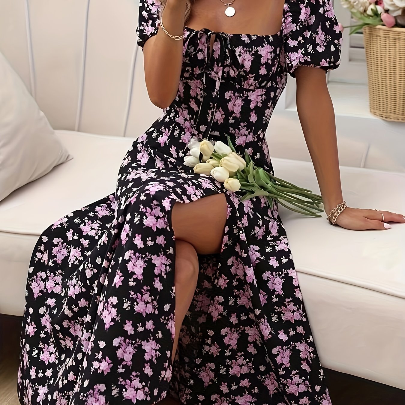 Elegant Floral Puff Sleeve Dress - Lightweight, Split Hem A - line for Spring & Summer Occasions - veyora