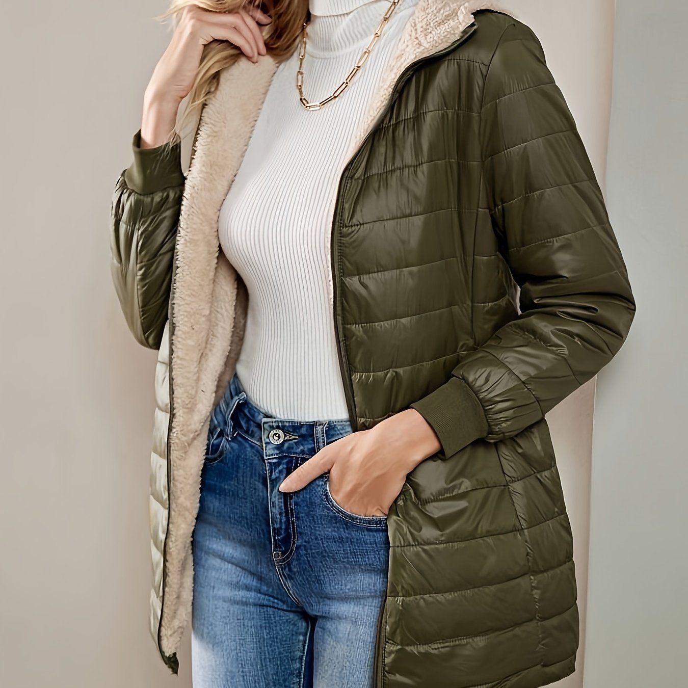 Long Sleeve Fleece Lined Zip Up Coat, Casual Fabric - padded Women's Clothing - veyora