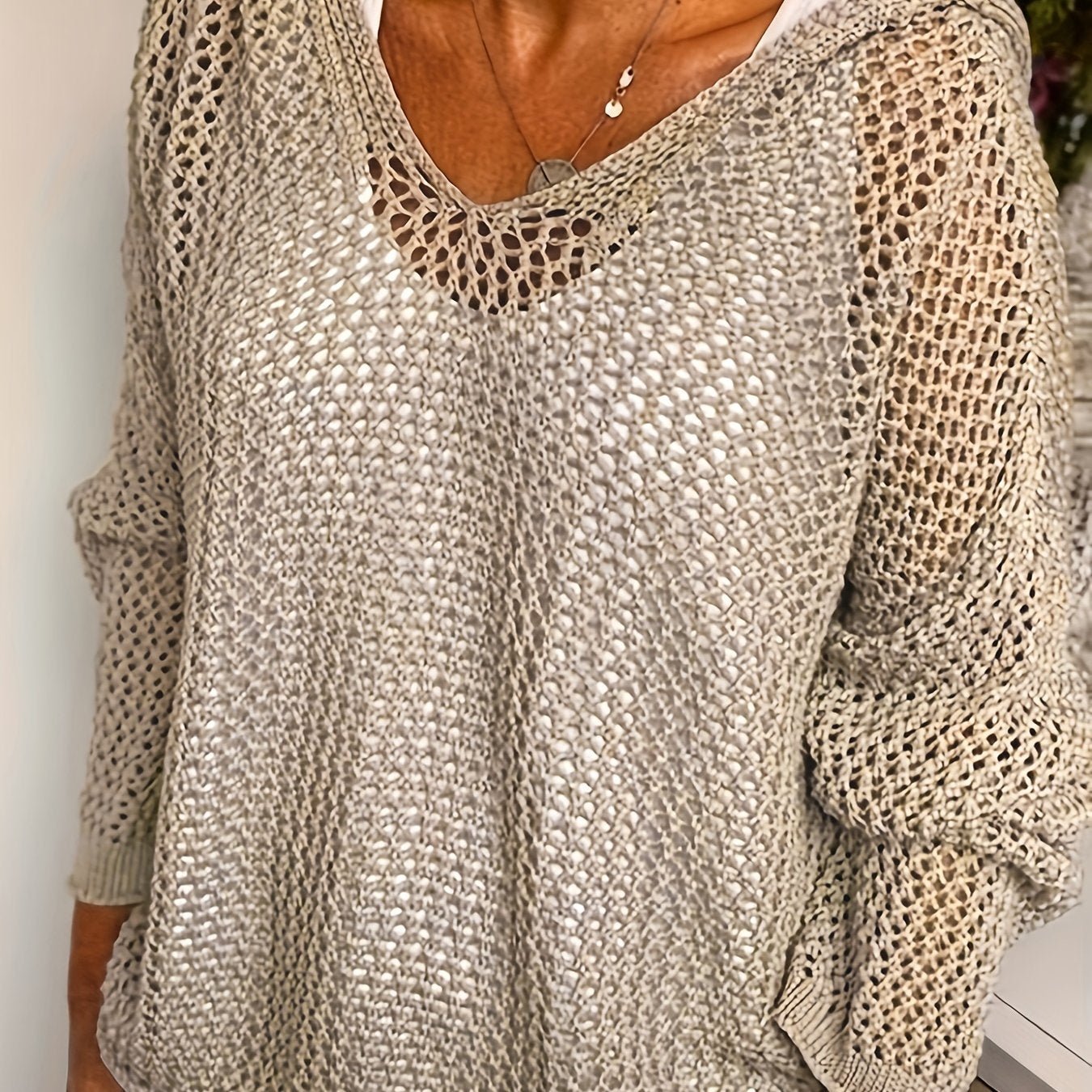 Cozy V - Neck Knitted Hooded Sweater - Soft, Casual, Long Sleeve, Hollow Out Design, Relaxed Fit, Women's Clothing for Everyday Wear - veyora