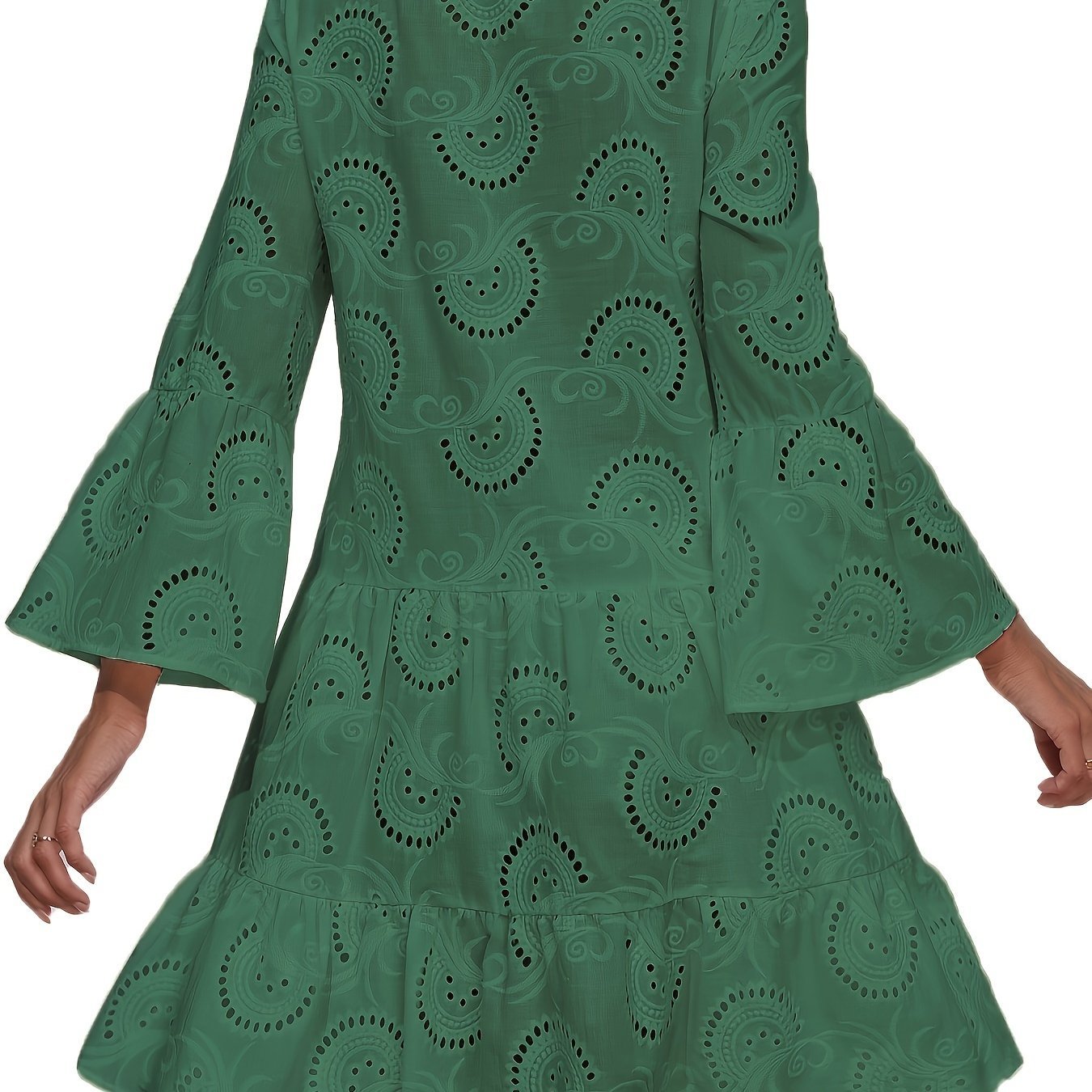 Elegant Green V - Neck Shift Dress with Embroidered Bell Sleeves - Lightweight, Loose Fit, Knee - Length with Button Closure and Eyelet Details, Perfect for All Seasons - veyora