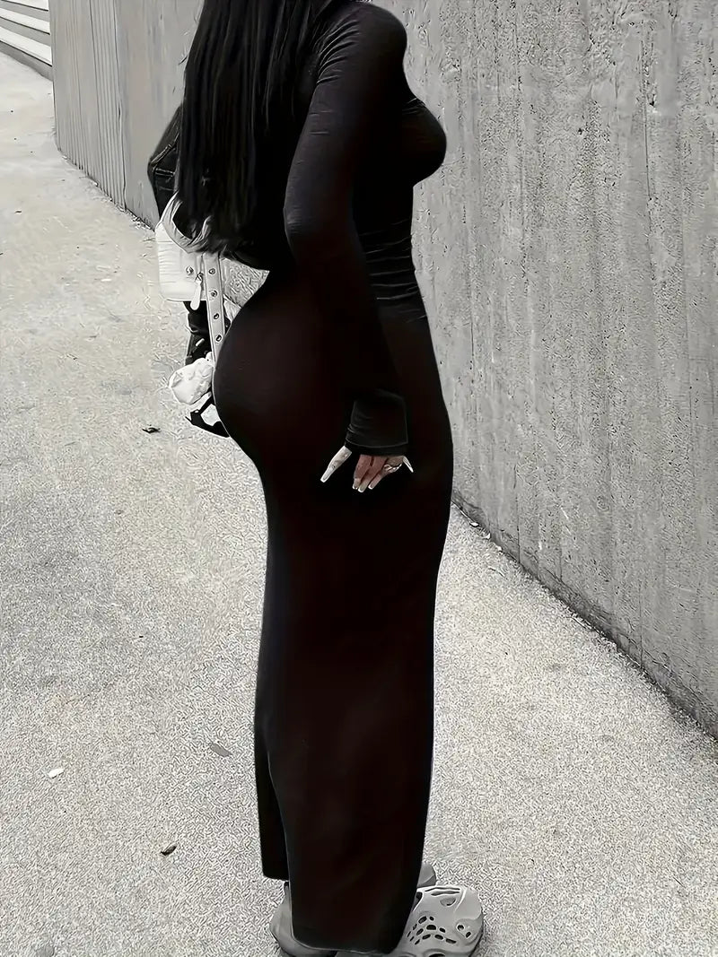 Squared Neck Solid Maxi Dress, Casual Long Sleeve Bodycon Dress, Women's Clothing
