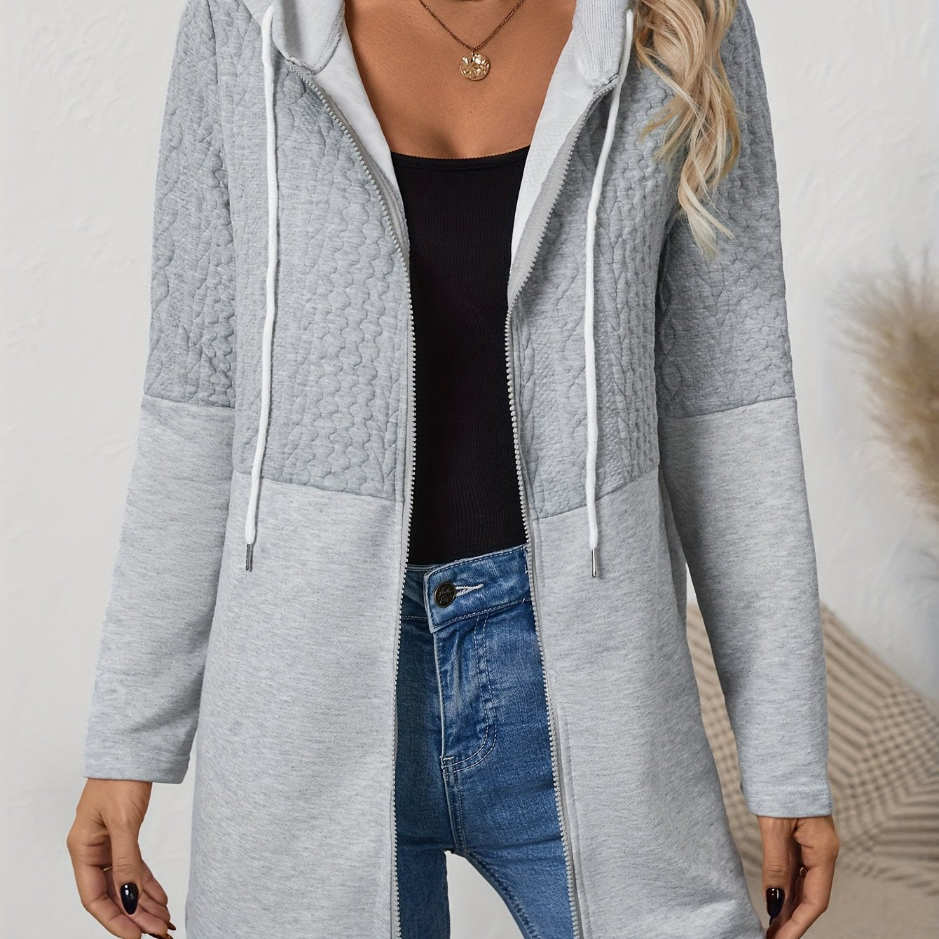 Women's Geometric Pattern Hooded Jacket - Casual Sleeve Winter Coat with Contrast White Accents, Machine Washable Fall & Winter Outerwear, Winter Jacket - veyora