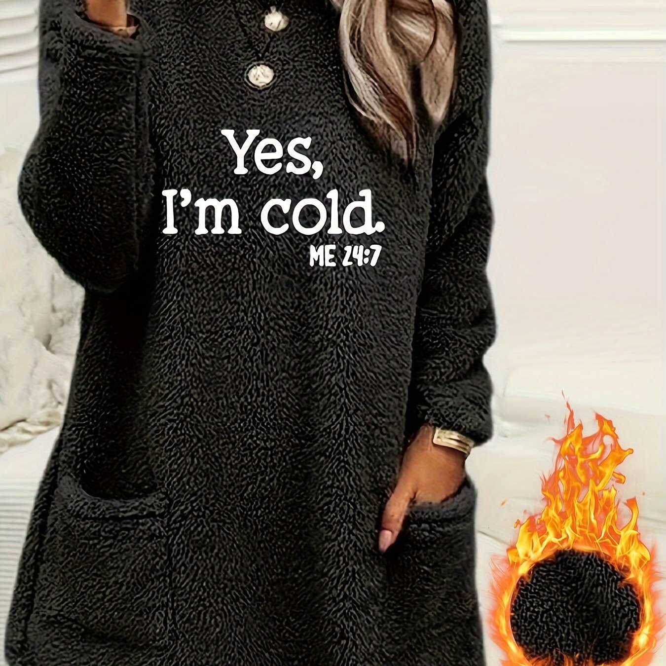 Women's Casual "Yes I'm Cold" Letter Print Dual - Sided Fleece Pullover Sweatshirt - Cozy Round Neck Long Sleeve with Pockets, Machine Washable Winter Warmth for Fall & Winter, Cold Weather Clothing | Casual Pullover | Comfortable Wear, Ladies Sweaters - veyora