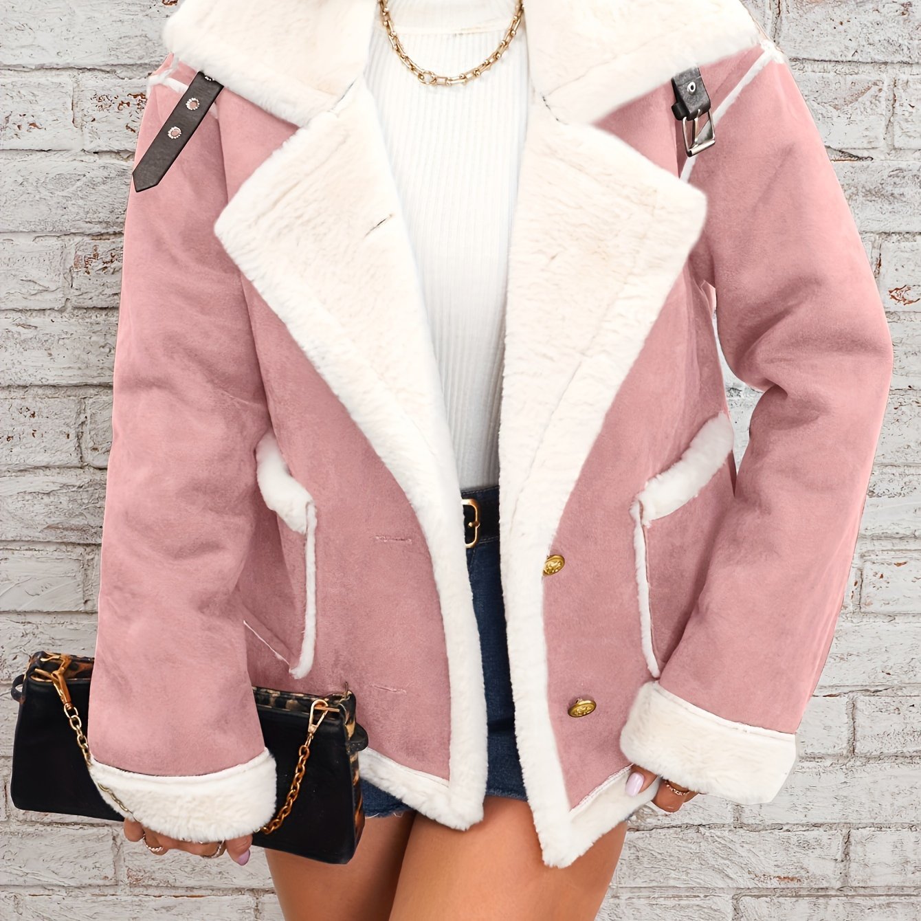 Women's Elegant Burgundy and Cream Faux Fur - Lined Winter Jacket - Chic Double - Breasted Outerwear with Pockets, Machine Washable, Lightweight Jacket - veyora