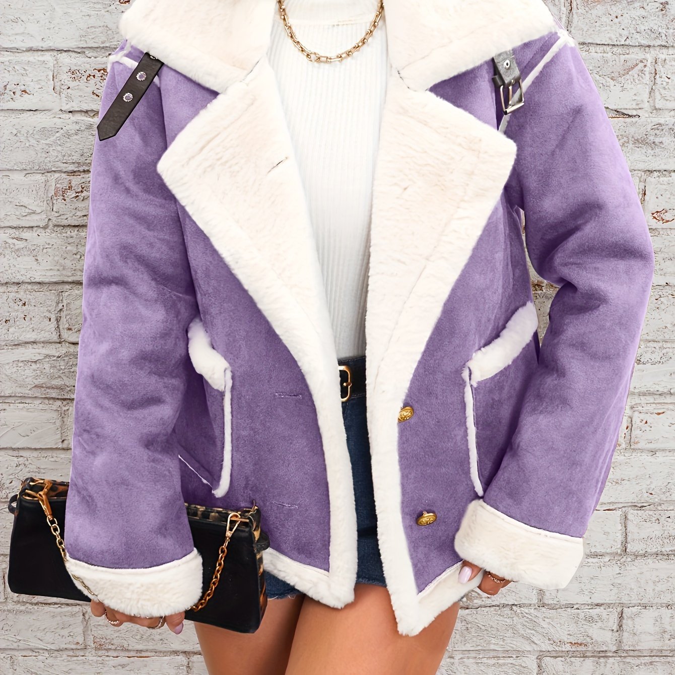 Women's Elegant Burgundy and Cream Faux Fur - Lined Winter Jacket - Chic Double - Breasted Outerwear with Pockets, Machine Washable, Lightweight Jacket - veyora