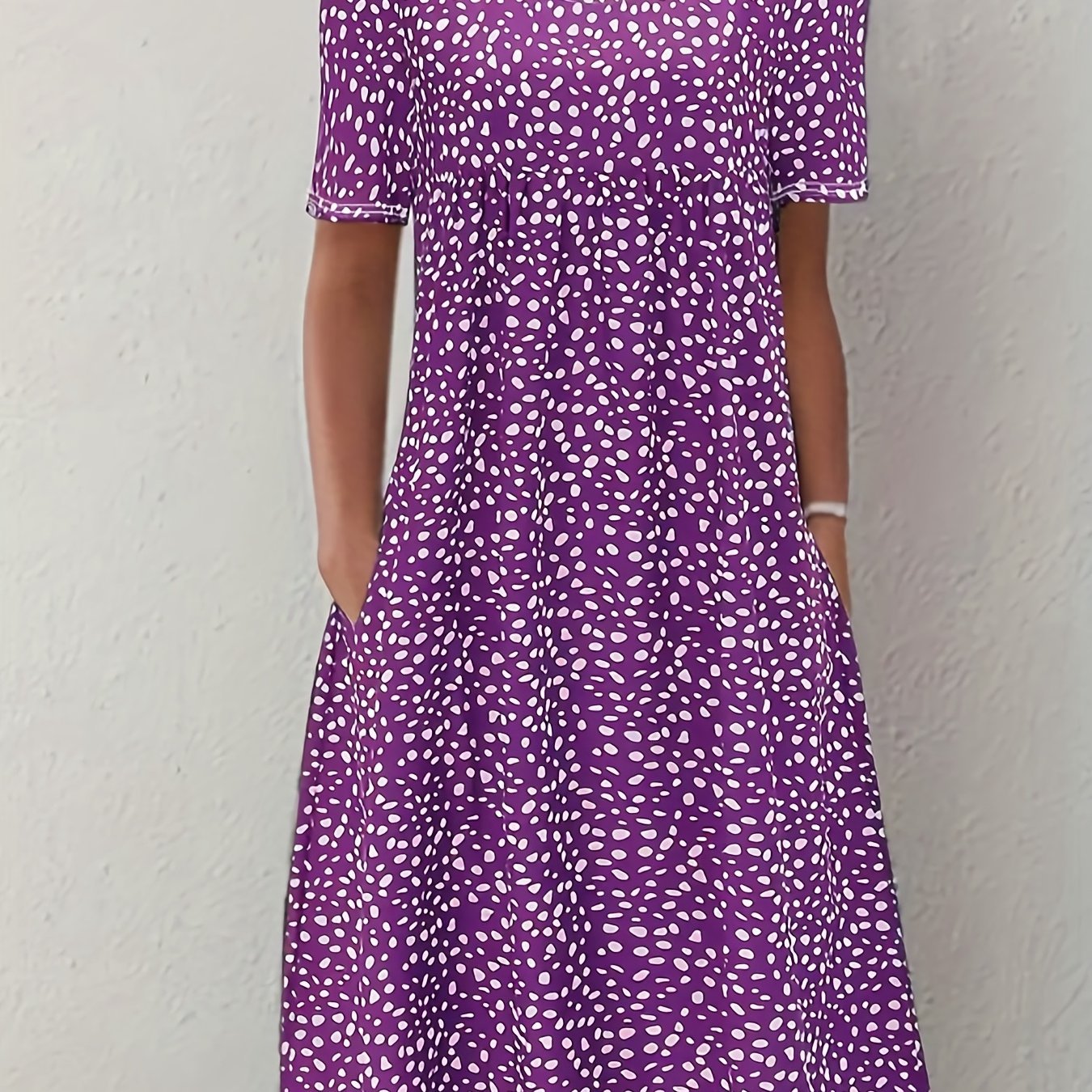 Boho Floral Print Dual Pockets Dress, Casual Crew Neck Short Sleeve Dress, Women's Clothing - veyora