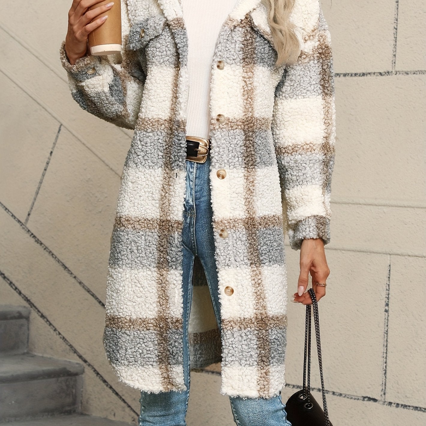 Long Sleeve Long Length Plaid Pattern Fuzzy Thermal Jacket, Casual Button Front Collar Coat for Fall & Winter, Women's Clothing - veyora