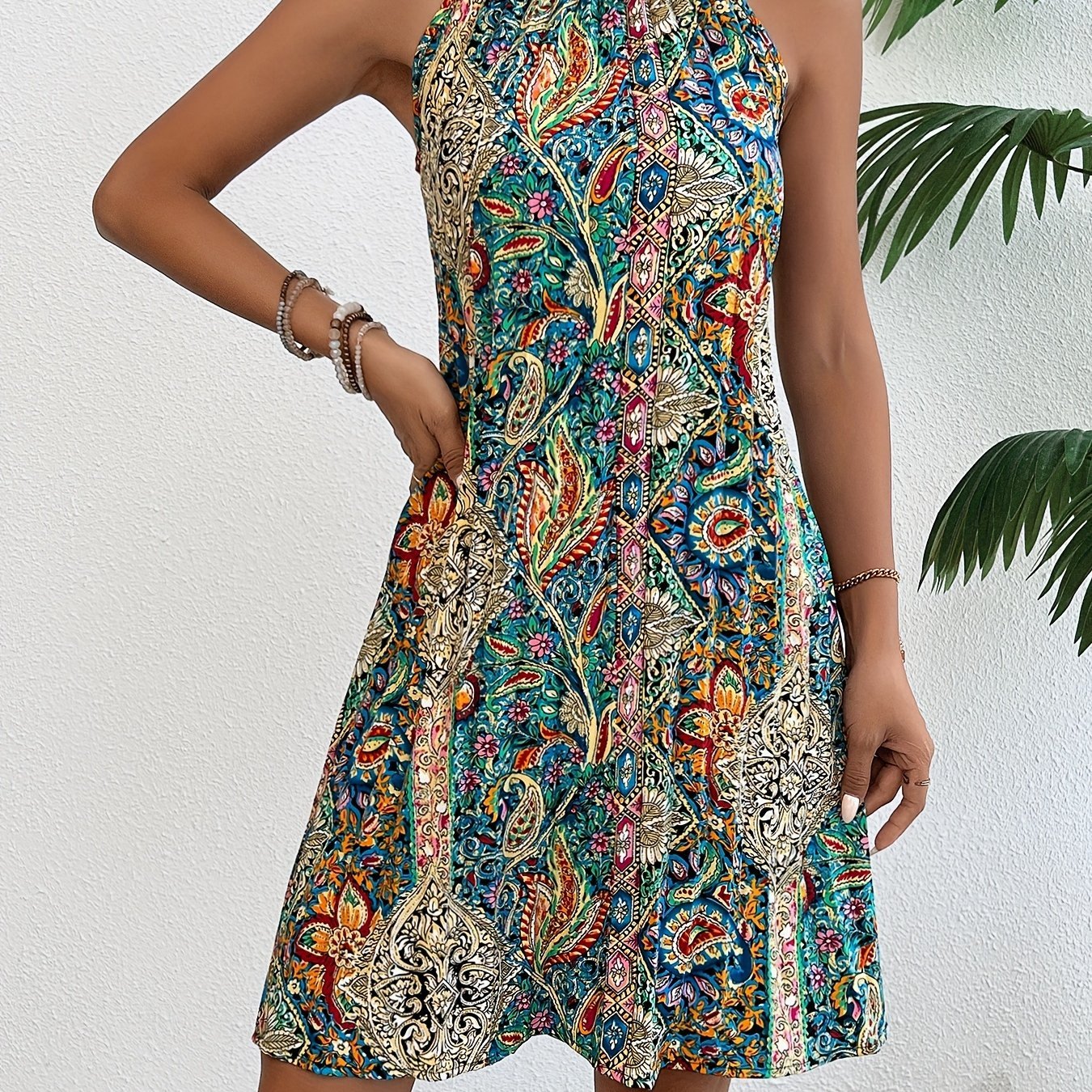 Vibrant Geometric Print Tunic Dress - Elegant Halter Neck, Sleeveless, Polyester, Machine Washable, Perfect for Summer - Womens Clothing - veyora