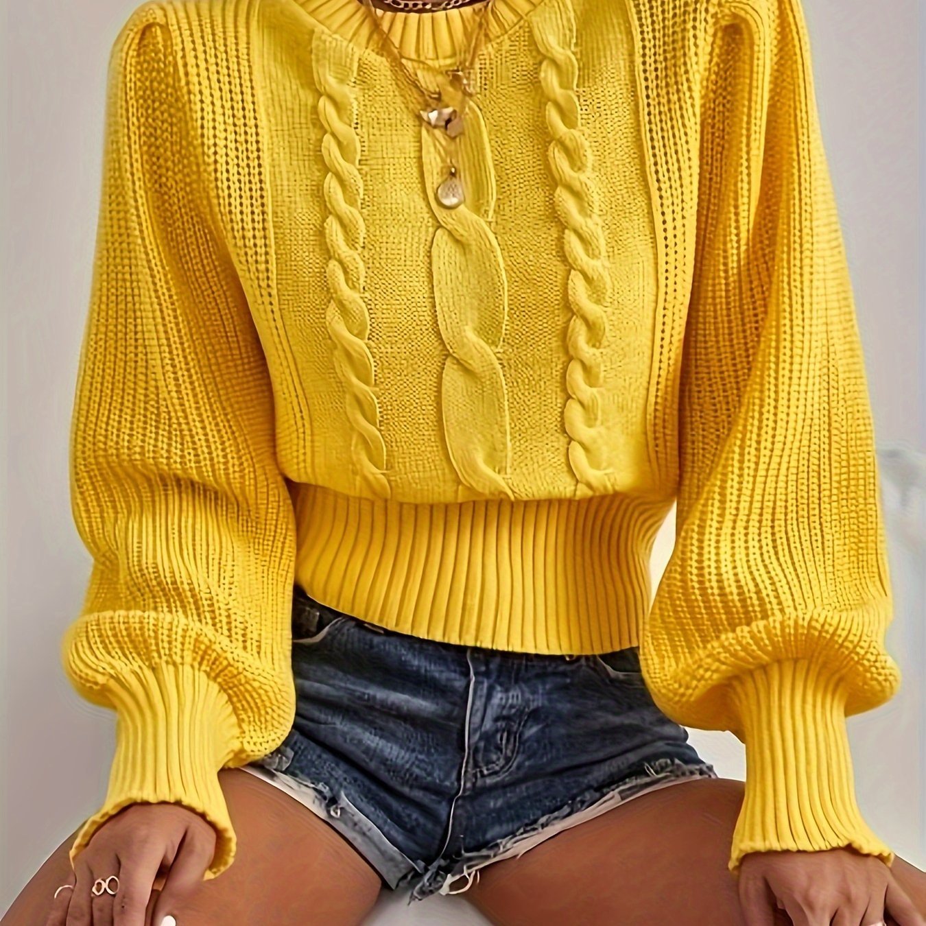 Women'S Acrylic Knit Pullover Sweater D9730, Crew Neck, Solid Color, Frill Detail, Fall/Winter Season, 245g/m² Knit Fabric, 100% Acrylic - veyora
