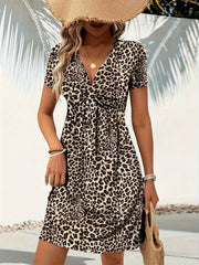 Leopard Print Twist Dress, Stylish Plunging Short Sleeve Midi Dress For Spring & Summer, Women's Clothing - veyora