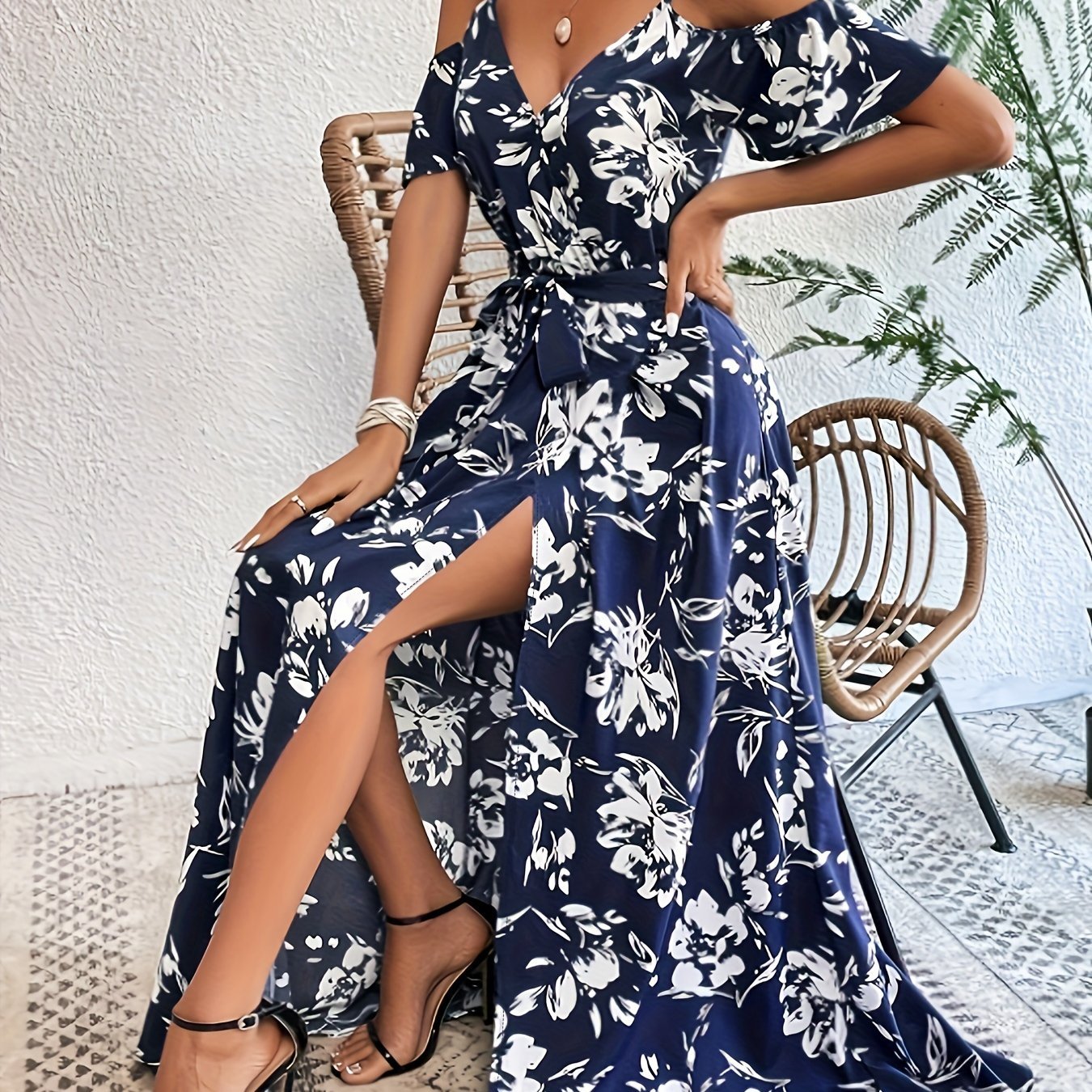Vibrant Floral Print A - Line Dress - Cold Shoulder, Belted, Split Sleeveless, Elegant, Comfortable, Spring & Summer Essential - Women's Clothing, Perfect for Outdoor Activities - veyora