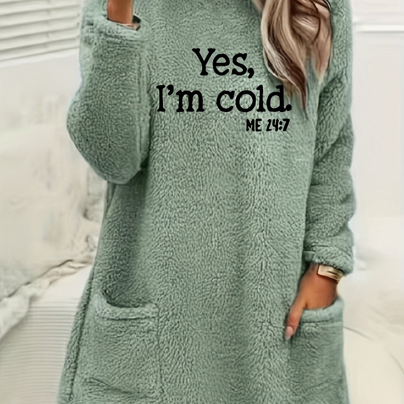 Women's Casual "Yes I'm Cold" Letter Print Dual - Sided Fleece Pullover Sweatshirt - Cozy Round Neck Long Sleeve with Pockets, Machine Washable Winter Warmth for Fall & Winter, Cold Weather Clothing | Casual Pullover | Comfortable Wear, Ladies Sweaters - veyora