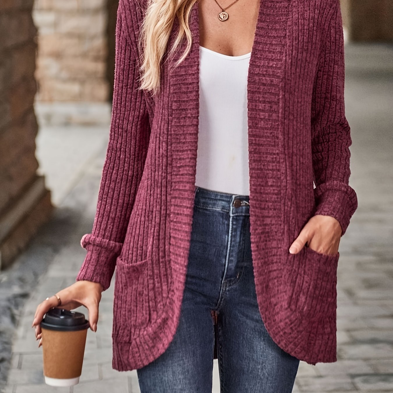 Cozy Rib Knit Cardigan for Women - Soft & Stylish Solid Open Front Sweater with Pockets - Casual Long Sleeve Fashion Clothing - veyora