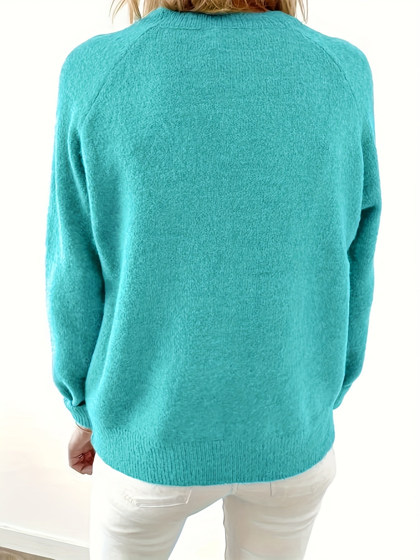Women's Soft Turquoise Knit Sweater with Button Details - Casual Long Sleeve Pullover for Fall/Winter, Round Neck, Polyester, Lightweight & Cozy Design, Ladies Sweaters - veyora