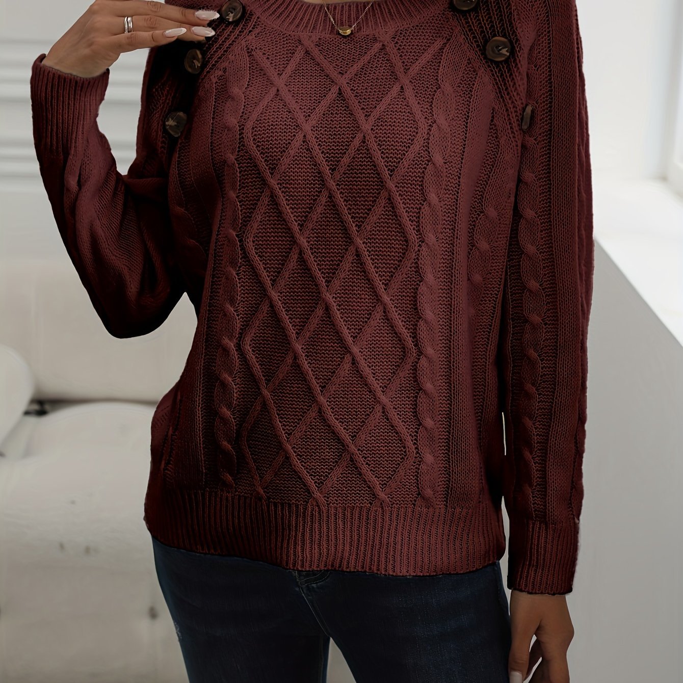 Solid Cable Knit Sweater, Casual Crew Neck Long Sleeve Sweater, Women's Clothing - veyora