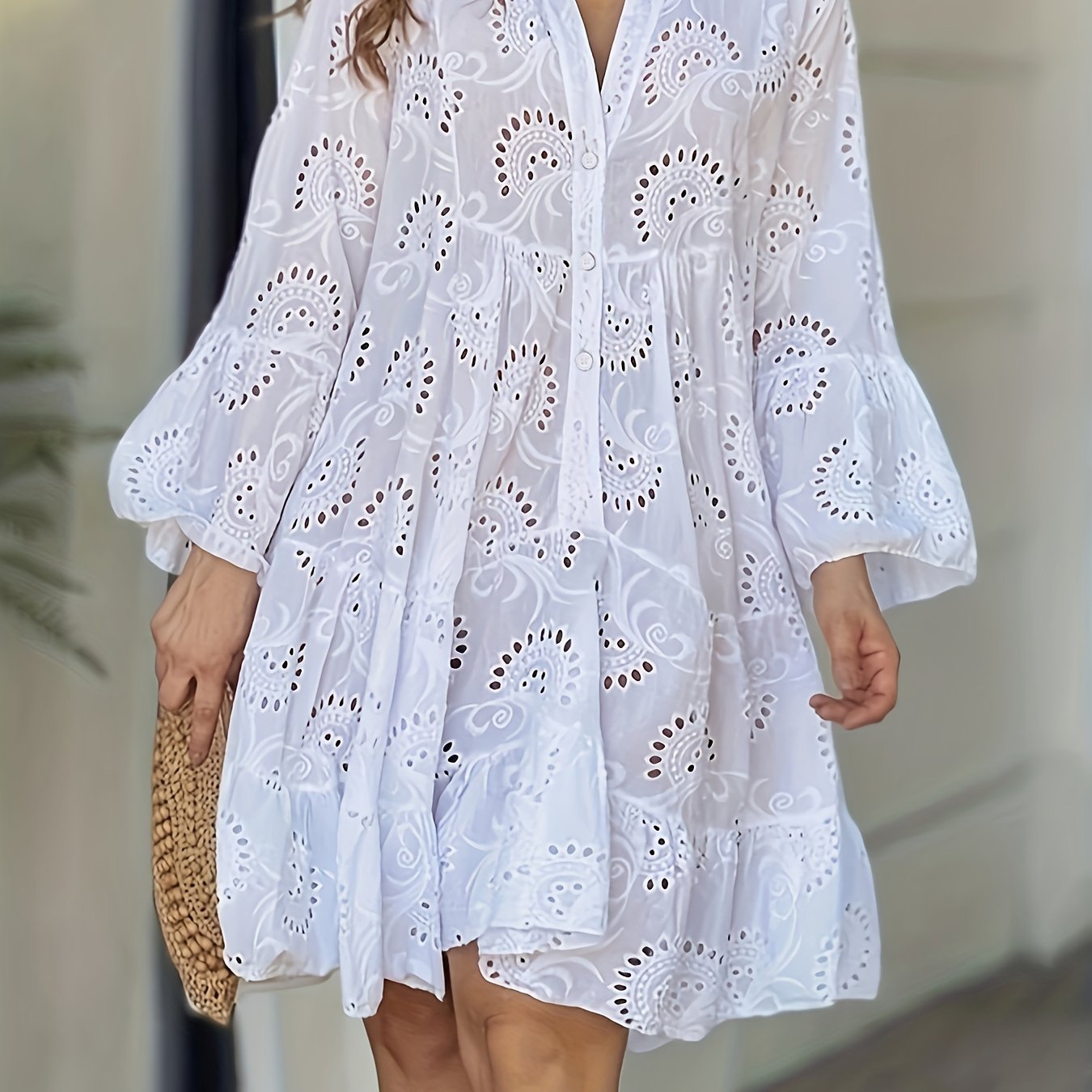 Elegant Green V - Neck Shift Dress with Embroidered Bell Sleeves - Lightweight, Loose Fit, Knee - Length with Button Closure and Eyelet Details, Perfect for All Seasons - veyora