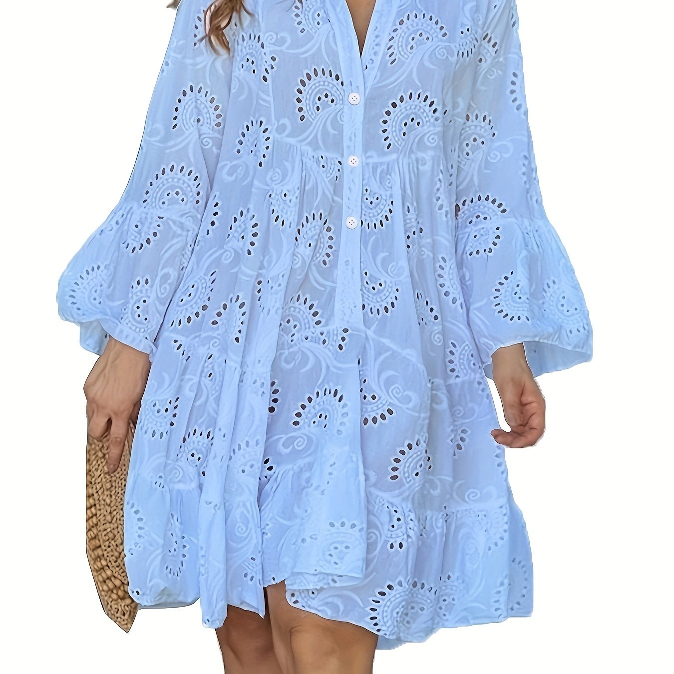 Elegant Green V - Neck Shift Dress with Embroidered Bell Sleeves - Lightweight, Loose Fit, Knee - Length with Button Closure and Eyelet Details, Perfect for All Seasons - veyora