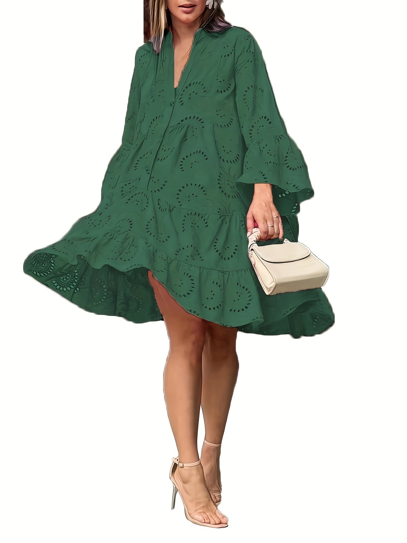 Elegant Green V - Neck Shift Dress with Embroidered Bell Sleeves - Lightweight, Loose Fit, Knee - Length with Button Closure and Eyelet Details, Perfect for All Seasons - veyora