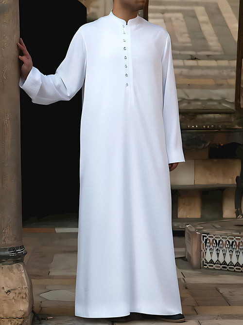 Men's Elegant Long Sleeve Arabic Kandora - White Polyester Robe with Button Details, Traditional Islamic Jubba for Ramadan, Eid Al-Adha, and Prayer, Vintage Style for Middle Eastern Celebrations, Eid Celebration Wear | Vintage Kandora Design | Glossy Pol