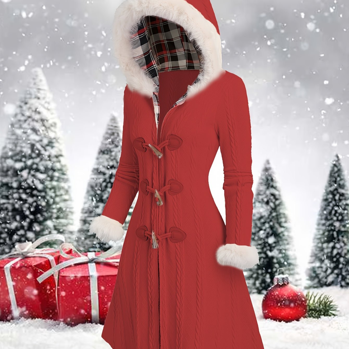 Women'S Y2K Style Plaid Knit Hooded Coat, Polyester 100% Long Winter Jacket with Color Block Design and Cow Horn Buttons, Fall/Winter Collection - veyora
