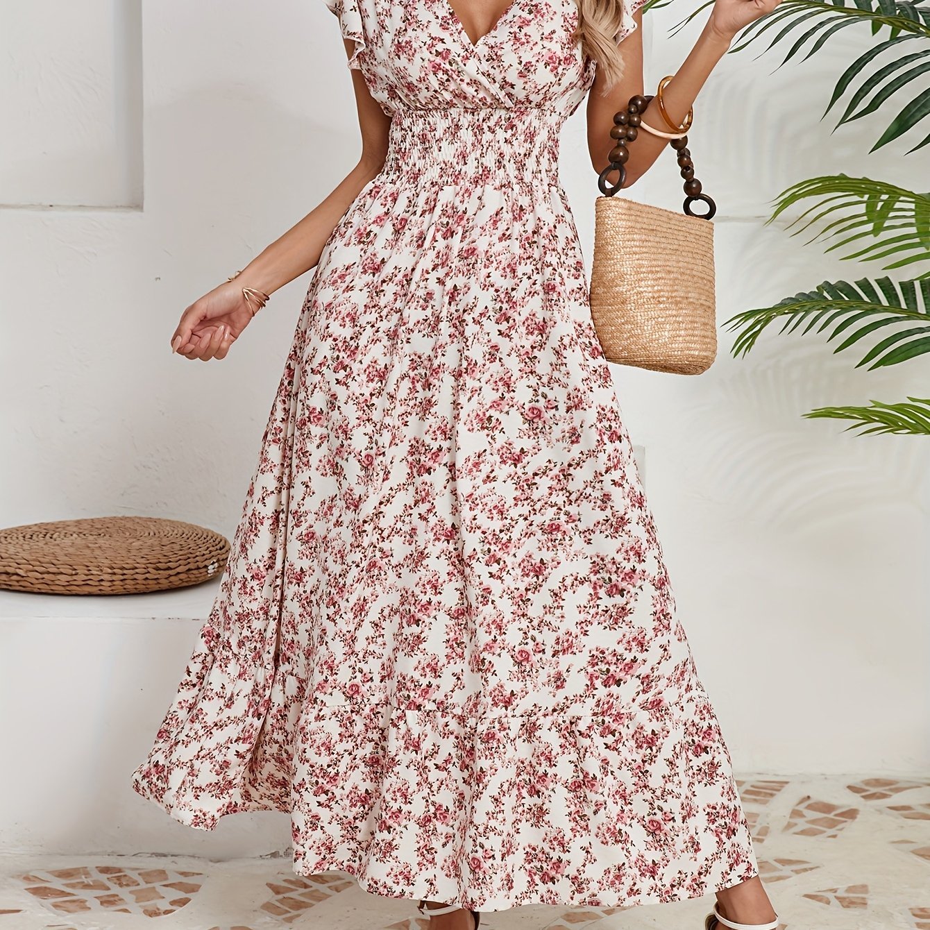 Vacation - Themed Floral Waist - Tied Dress - veyora