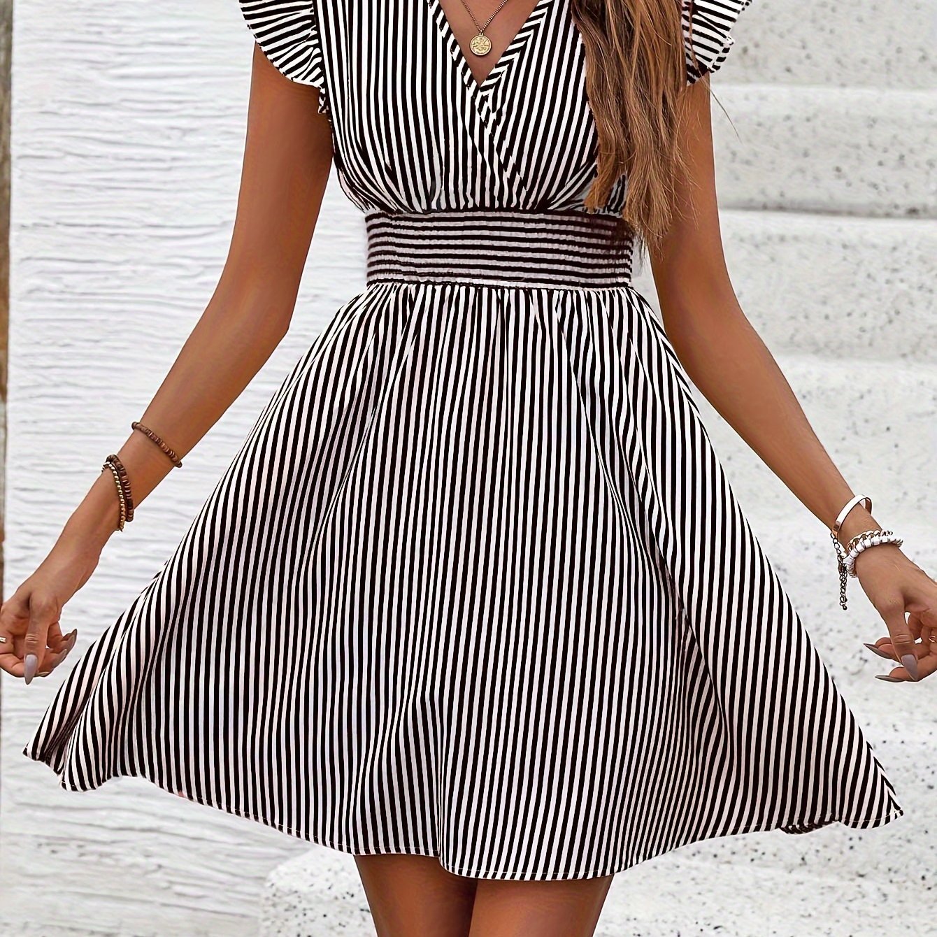 Summer Striped Surplice Neck Dress, Shirred Waist Casual Flutter Sleeve For Women - veyora
