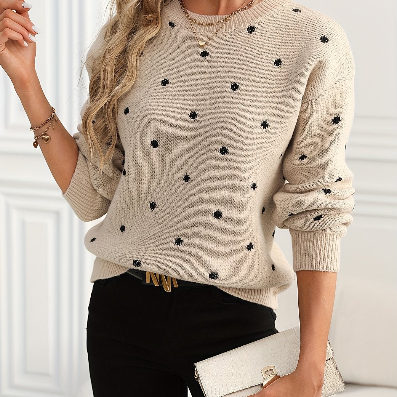 Polka Dot Pattern Knit Sweater, Casual Long Sleeve Crew Neck Sweater, Women's Clothing - veyora
