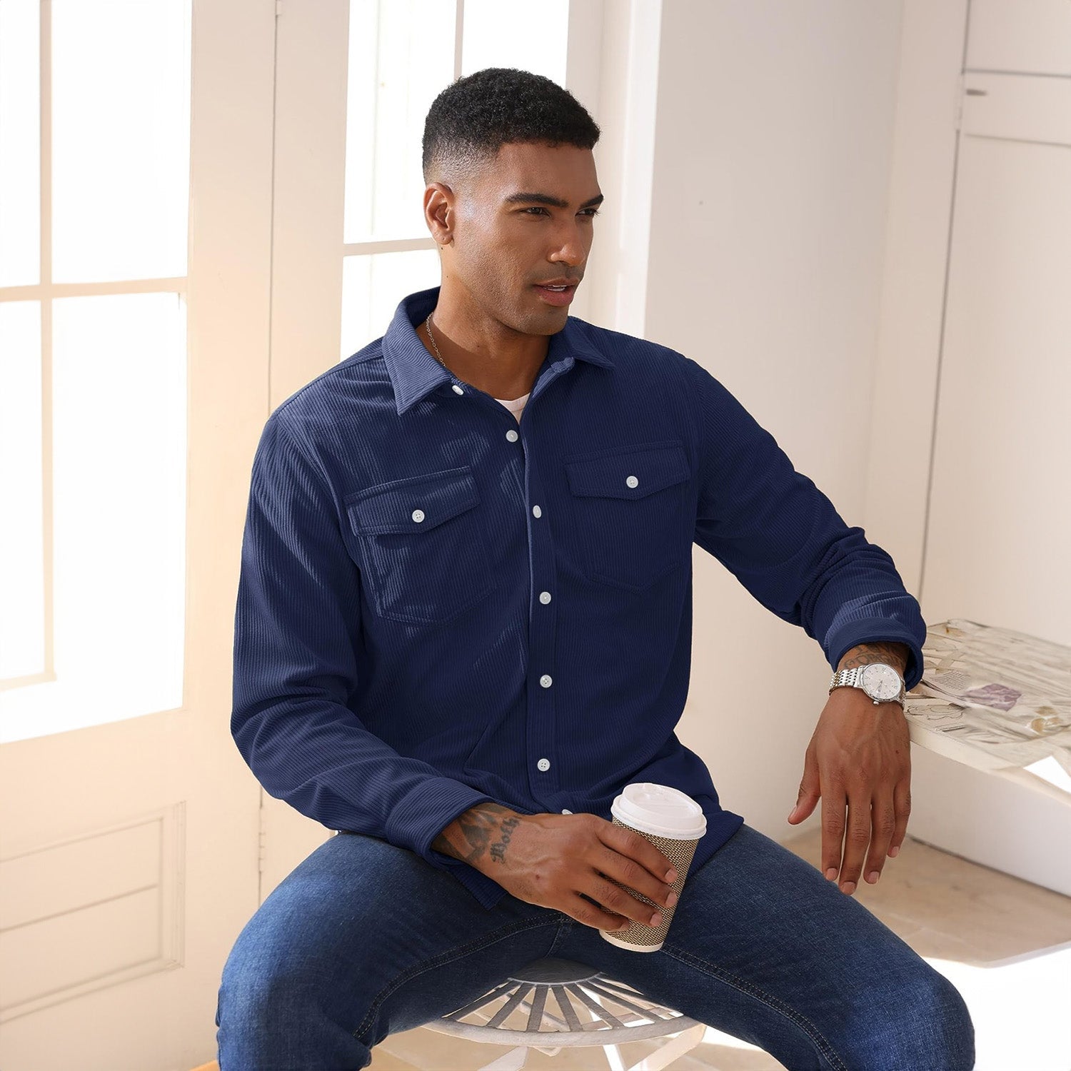 Men's Long Sleeve Corduroy Sun Protection Shirt